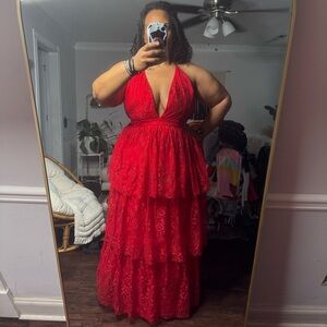 Fashion Nova Red Ruffled Tiered Maxi Gown